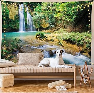 Lunarable Nature Tapestry Queen Size, Green Forest Waterfall Fresh Natural Water Source Healthy Places on The Earth, Wall Hanging Bedspread Bed Cover Wall Decor, Queen Size, Brown Green