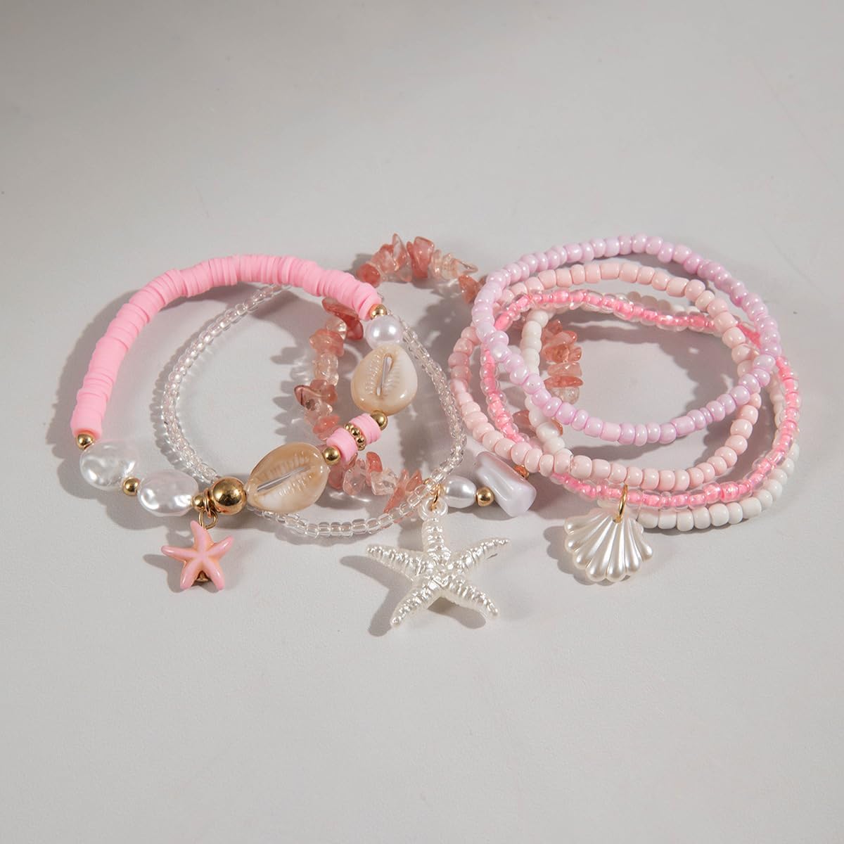 Pingyongchang Bohemian Stackable Shell Beaded Ankle Bracelets for Women Multi-Layer Seashell Gold Starfish Adjustable Handmade Summer Beach Holiday Accessories Gifts-Pink A - Image 3
