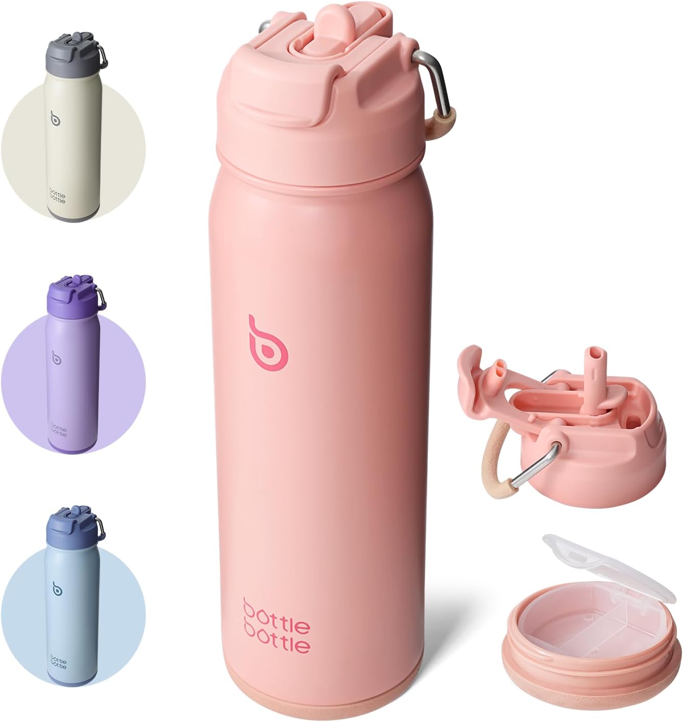 Insulated Water Bottle Stainless Steel 700ml（24oz） Bike Water Bottles with Straw and Adjustable Lid Daily Drink Flask Pill Organizer (salmon)