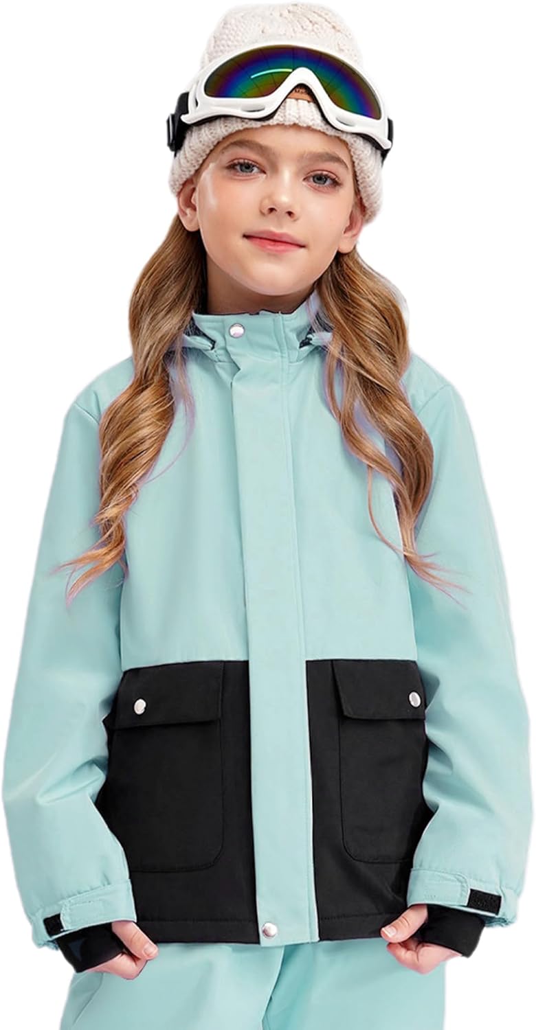 Kids Girls Waterproof Ski Snow Jacket Long Sleeve Color Block Hooded Winter Snow Coat with Hood