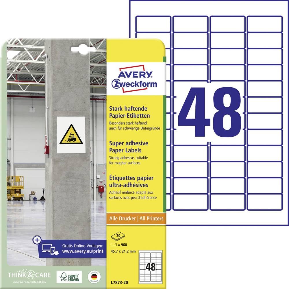AVERY Zweckform L7873-20 Strong Adhesive Labels (960 Stickers, 45.7 x 21.2 mm on A4, Extremely Strong Self-Adhesive, Even for Difficult Surfaces, Printable Power Adhesive Labels) 20 Sheets White