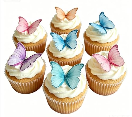 Weraru 48Pcs Edible Wafer Paper Butterflies Cupcake Topper Purple Pink Green Cake Decorations Mixed Color