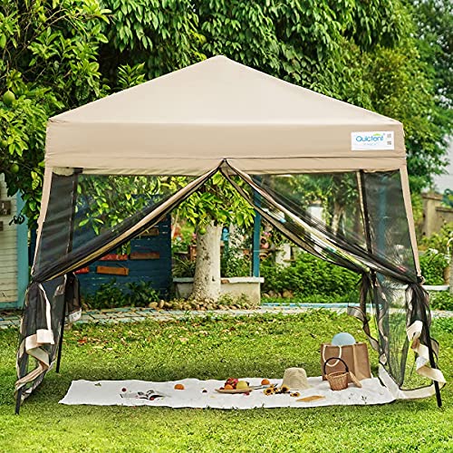 Quictent 9'X9' Ez Pop Up Canopy Tent With Mosquito Netting, Instant Screened House Tent Outdoor Gazebo Easy Set Up, Slant Leg (9'X9',Tan) #TOP6