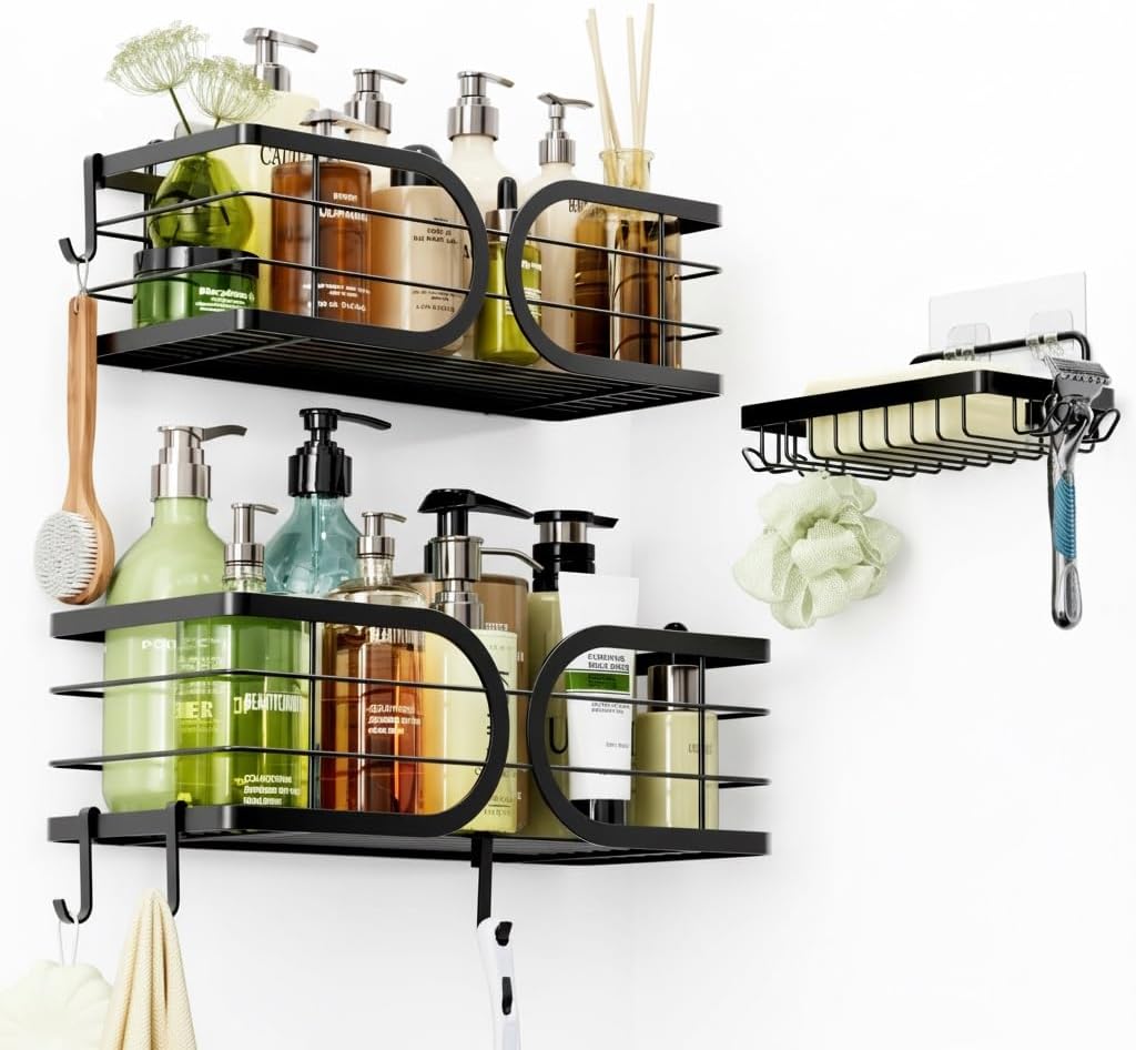 Shower Caddy 3 Pack Adhesive 304 Stainless Steel Shelves No Drill Durable Large Capacity Shower Rack Organizer Soap Holder Quick Dry Rustproof Bathroom Storage(Silver)