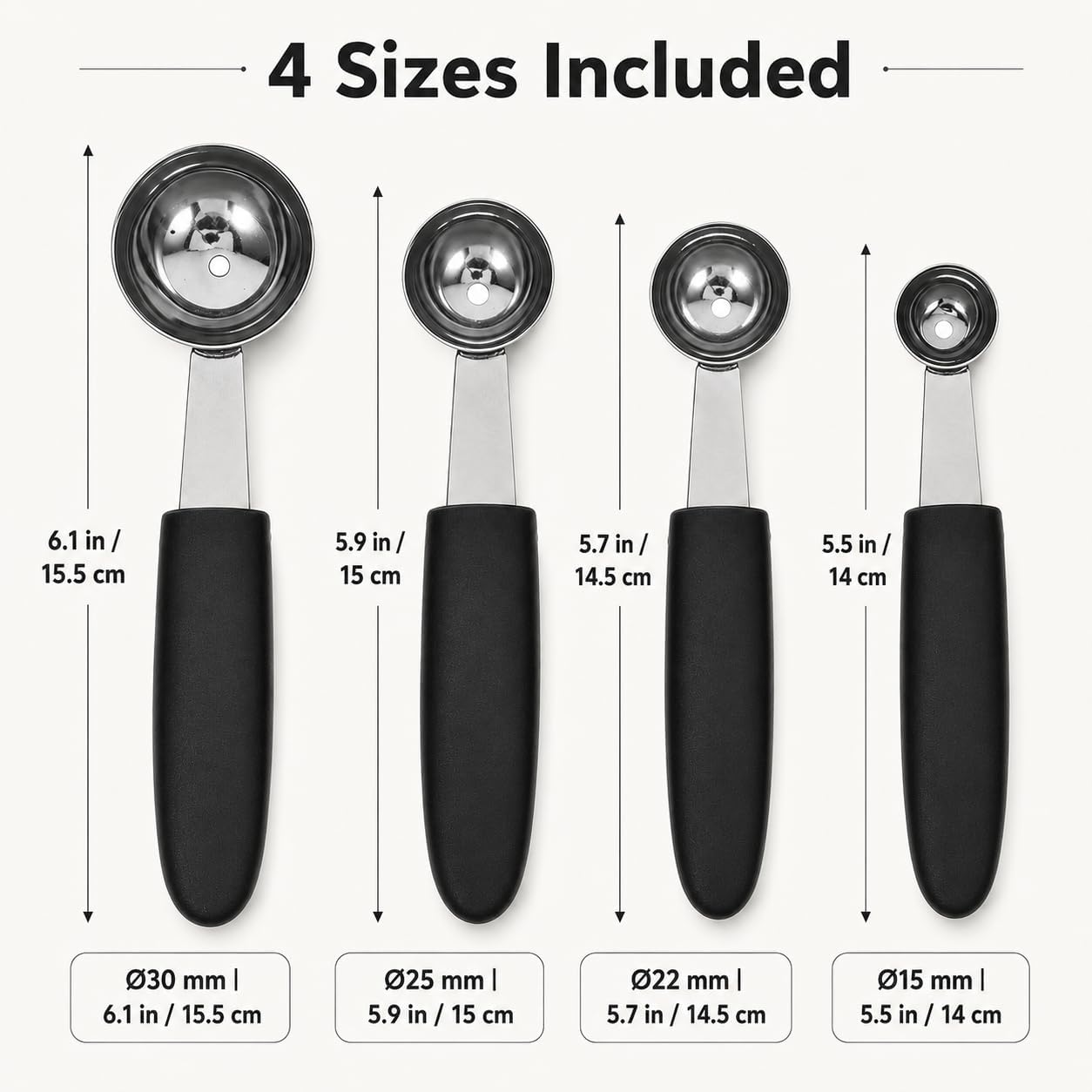 Stainless Steel Melon Baller Scoop: 4pcs Fruit Ice Cream Baller with Comfortable Grip Handle Round Melon Balls Scooper for Watermelon Ice Cream Fruits