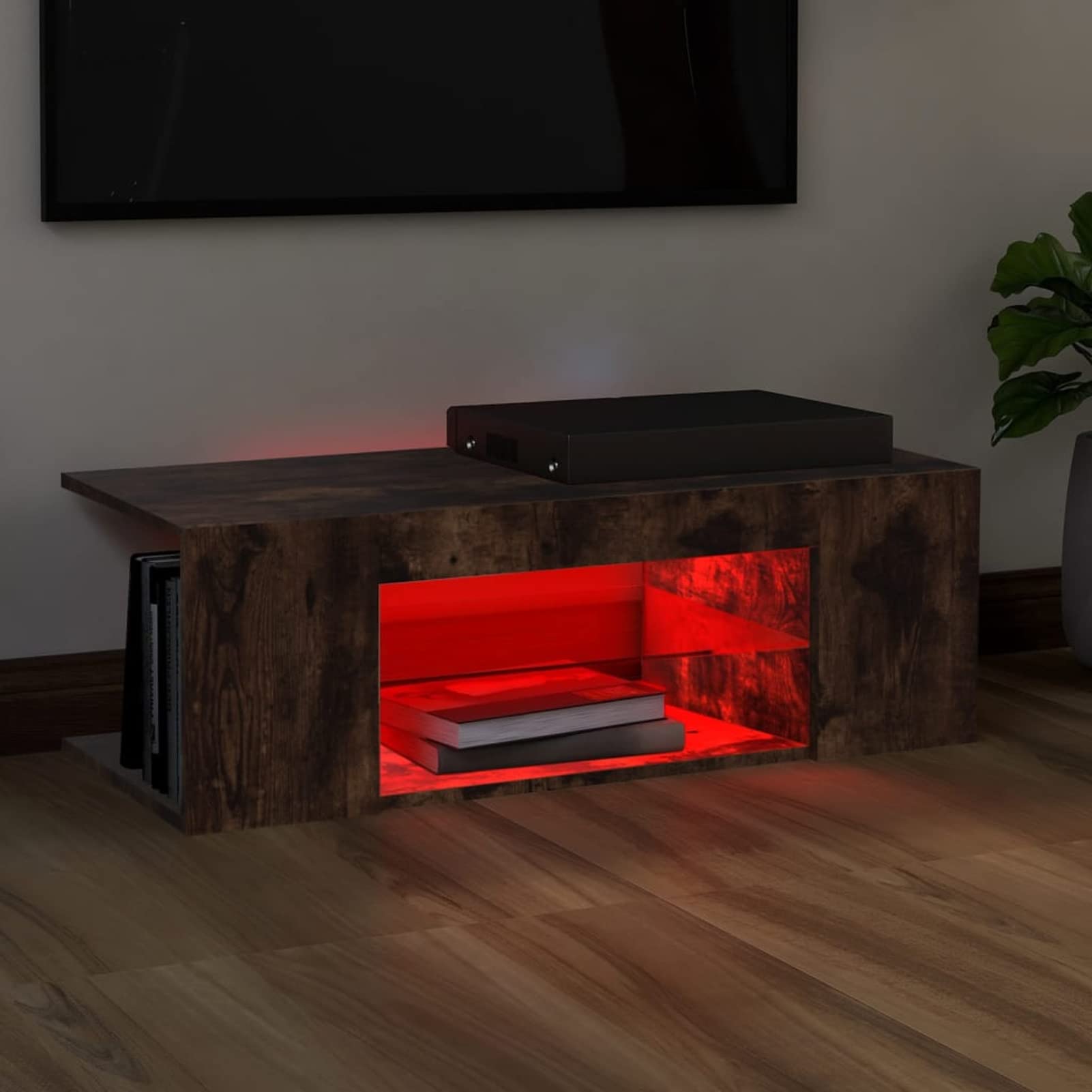 Homgoday Stolik pod telewizor ze światłami LED Dąb dymny 90 x 39 x 30 cm, szafka pod telewizor salon jadalnia stół kawowy telewizor sprzęt muzyczny szafa meble telewizor meble meble
