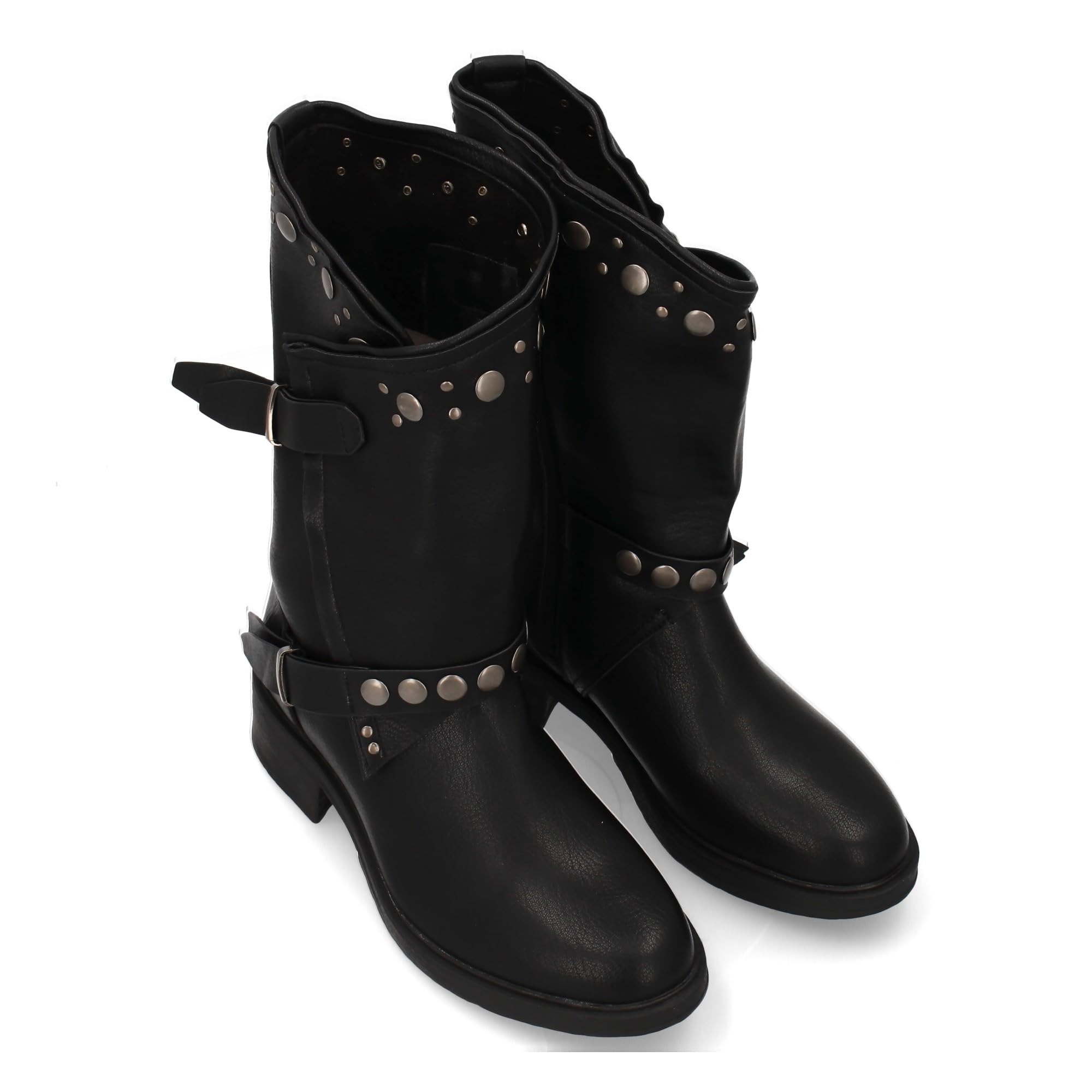 Botas de Mujer Estilo Urbano con Detalles metalicos y Tachuelas. Estampado Liso. Diseno Otono e Invierno, Cierre de Cremallera y Doble Hebilla Decorativa.