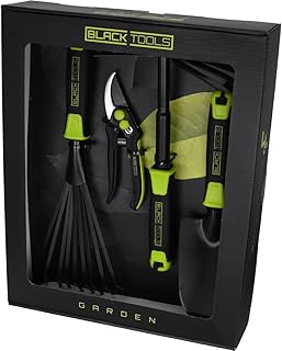 BLACK TOOLS® Garden Gartengeräte-Set 4-teilig | Pflanzkelle, Kombihacke, Gartenschere, Fächerbesen | Optimales Set für den kleinen Garten oder Balkon | Garten, Kübel, Balkonkästen, Beete