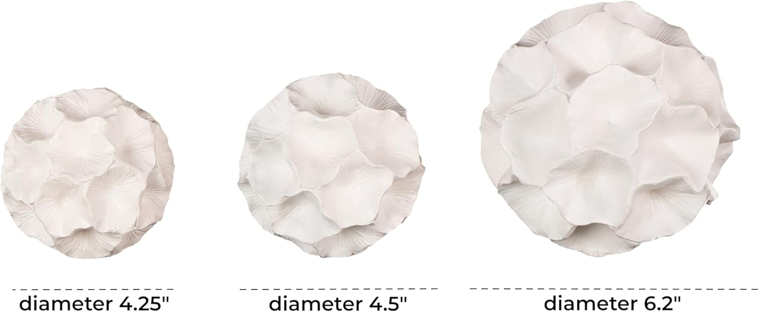 Deco 79 Resin Floral Decorative Orbs & Vase Filler Decorative Balls with Varying Sizes, Set of 3 Vase Filler 6", 5", 4" H, White