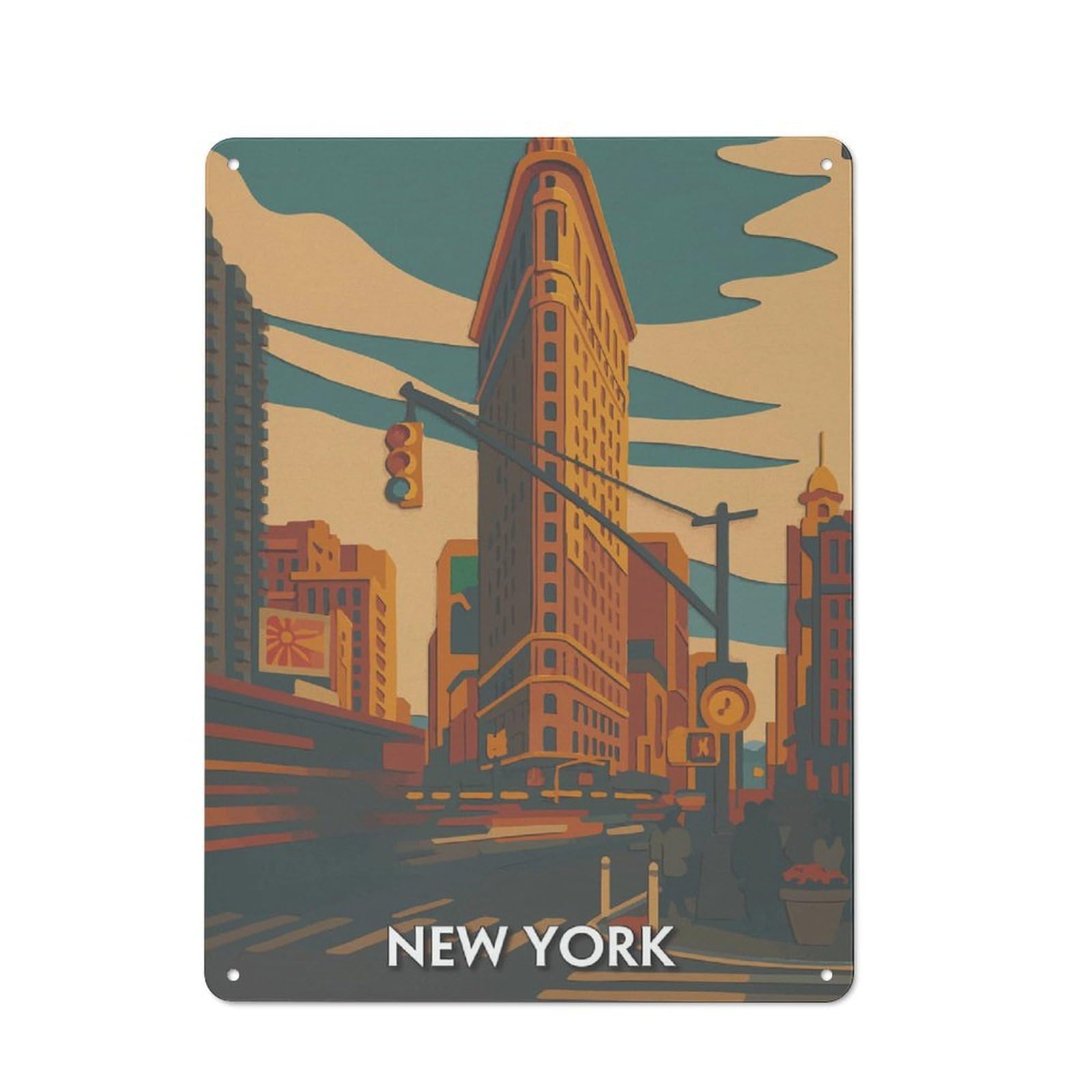 Junmoney Style-18 New York City Flatiron Building Illustration Metal Wall Plaque 40X30cm, Character Room Wall Plaque For Hallway, Home Bar, Garage Or Study