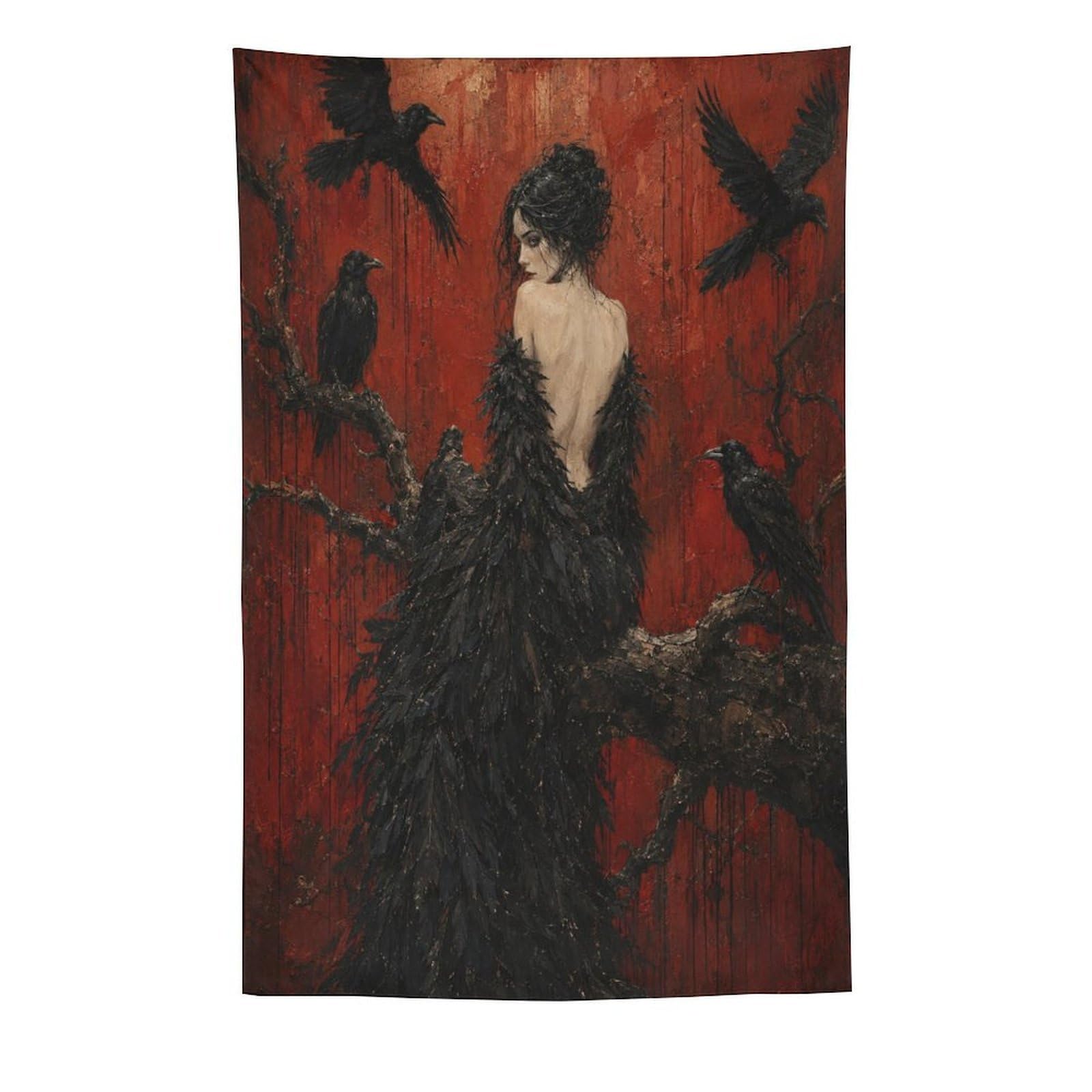W7C8U2X3 Raven Woman Surrounded by Crows Wall Tapestry, Gothic Oil, Bedroom