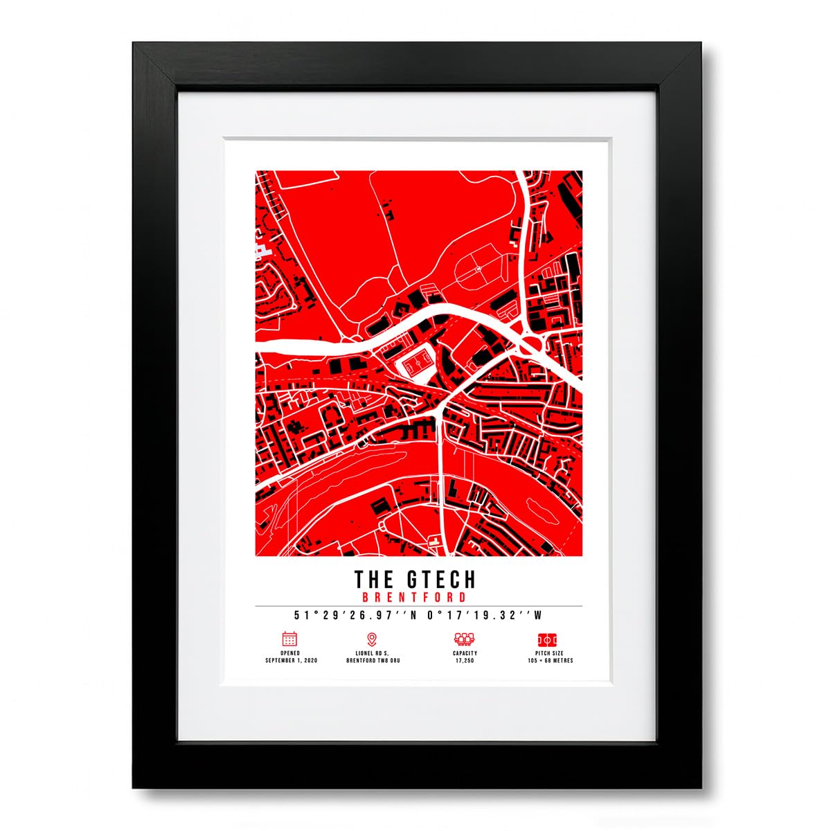 Mounted Gifts Trading A4 Black Framed & Mounted The Gtech Brentford Community Stadium Map Minimalist A4/A3 Poster Photo Print Framed Gift Brentford (A4 Black Framed & Mounted)