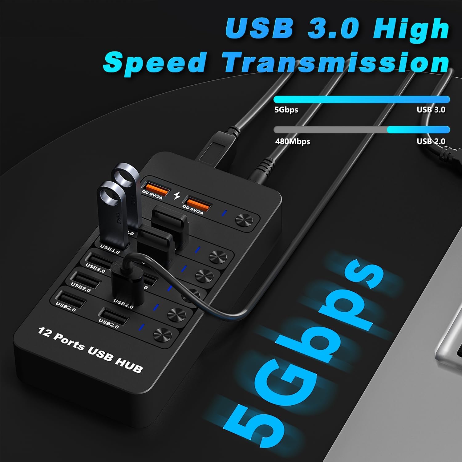 Powered USB Hub, Arector 14 Ports USB 3.0 Splitter Hub with 4 Smart Charging Ports, 10 USB A Ports, Individual On/Off Switches, 12V-24V Power Adapter, USB 3.0 5Gbps High Speed Transfer, USB