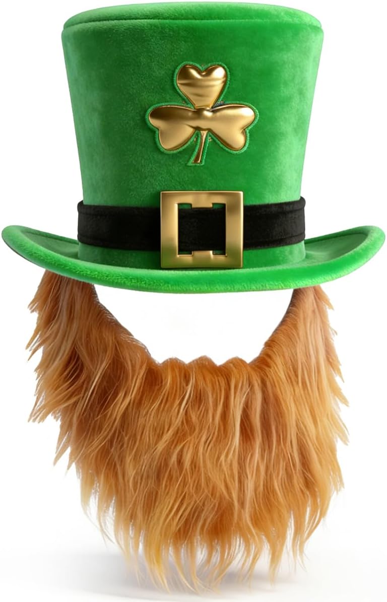 St. Patrick's Day Leprechaun Hat with Beard, Green Top Hat Costume Accessory Set with Shamrock and Buckle