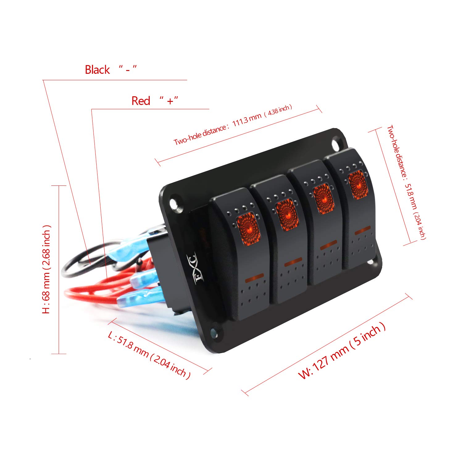 FXC Interruptor basculante panel de aluminio 4 interruptores de palanca de 5 pines ON/OFF 2 LED retroiluminado para barco coche marino Orqange