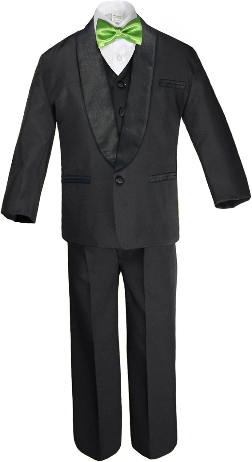 6pc Boy Formal Satin Shawl Lapel Suit Tuxedo Lime Green Bow Tie Baby Teen
