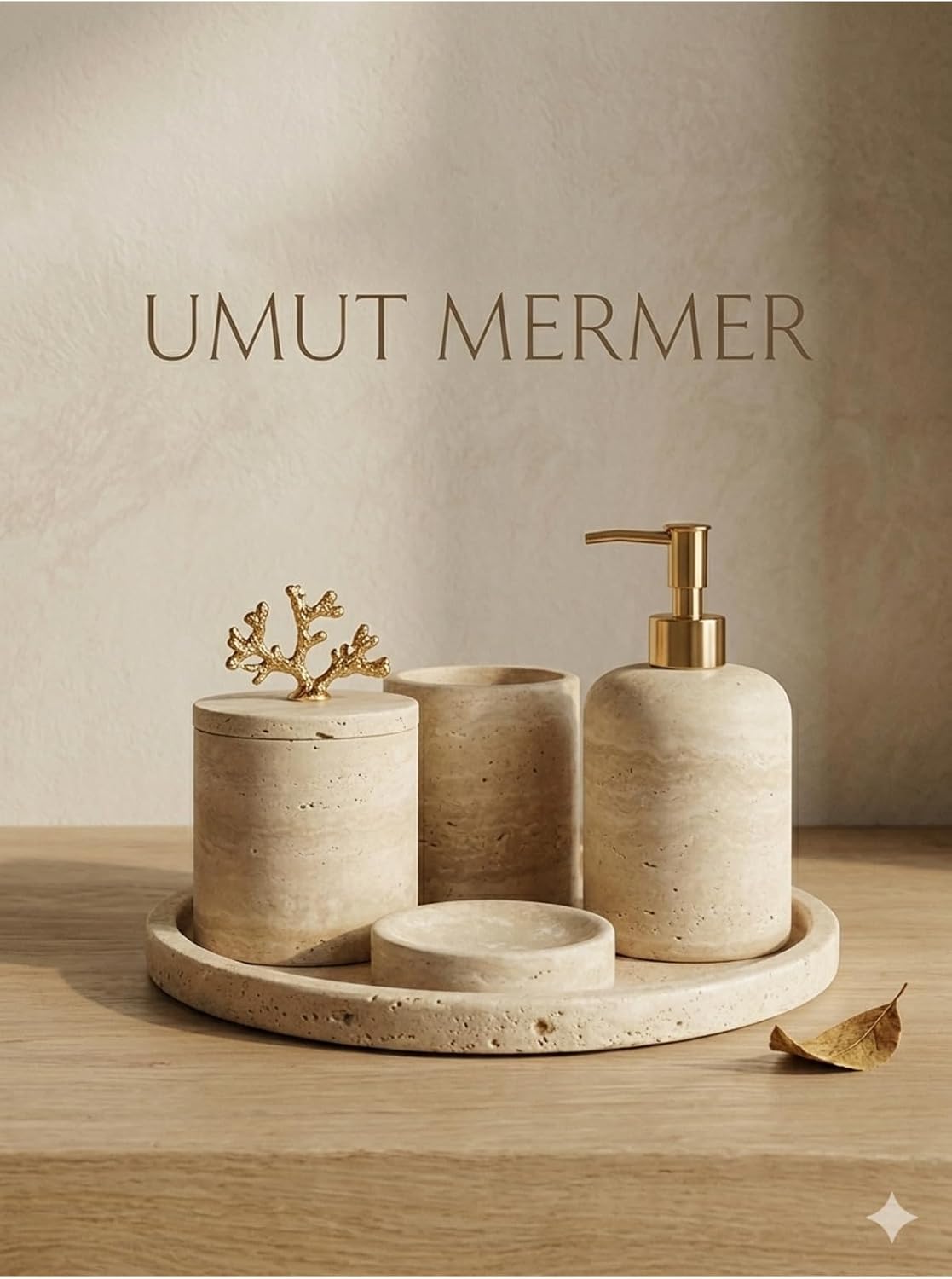 Umut Mermer Travertine 5-Piece Bathroom Accessory Set - Stone with Unique Veining - Modern Round Design - Includes Soap Dispenser, Dish, Toothbrush Holder, Cotton Jar, and Tray - Khaki Color - Red