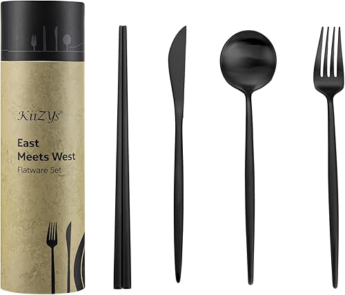KiiZYs - Juego de cubiertos negro mate, utensilios de cocina de 16 piezas con palillos coreanos, cubiertos de acero inoxidable, cucharas, tenedores,