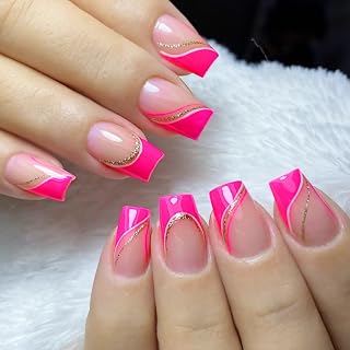 Pink Press on Nails Short Square Fake Nails Rose Pink French Tip False Nails with Glitter Line Designs Full Cover Glue on Nails Hot Pink Artificial Nails Stick on Nails for Women Accessories 24Pcs