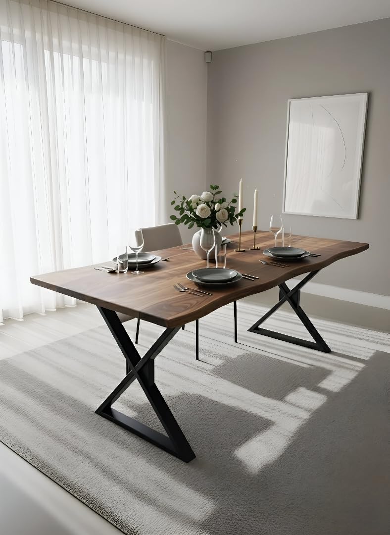 Wooden 4 Seater Dining Table Only Cariboo | 57x28 Inch Rectangular Live Edge Dinner Table Without Chairs for Home, Office, Hotel & Restaurant | Natural Finish, Black X Shaped Metal Legs-image-40