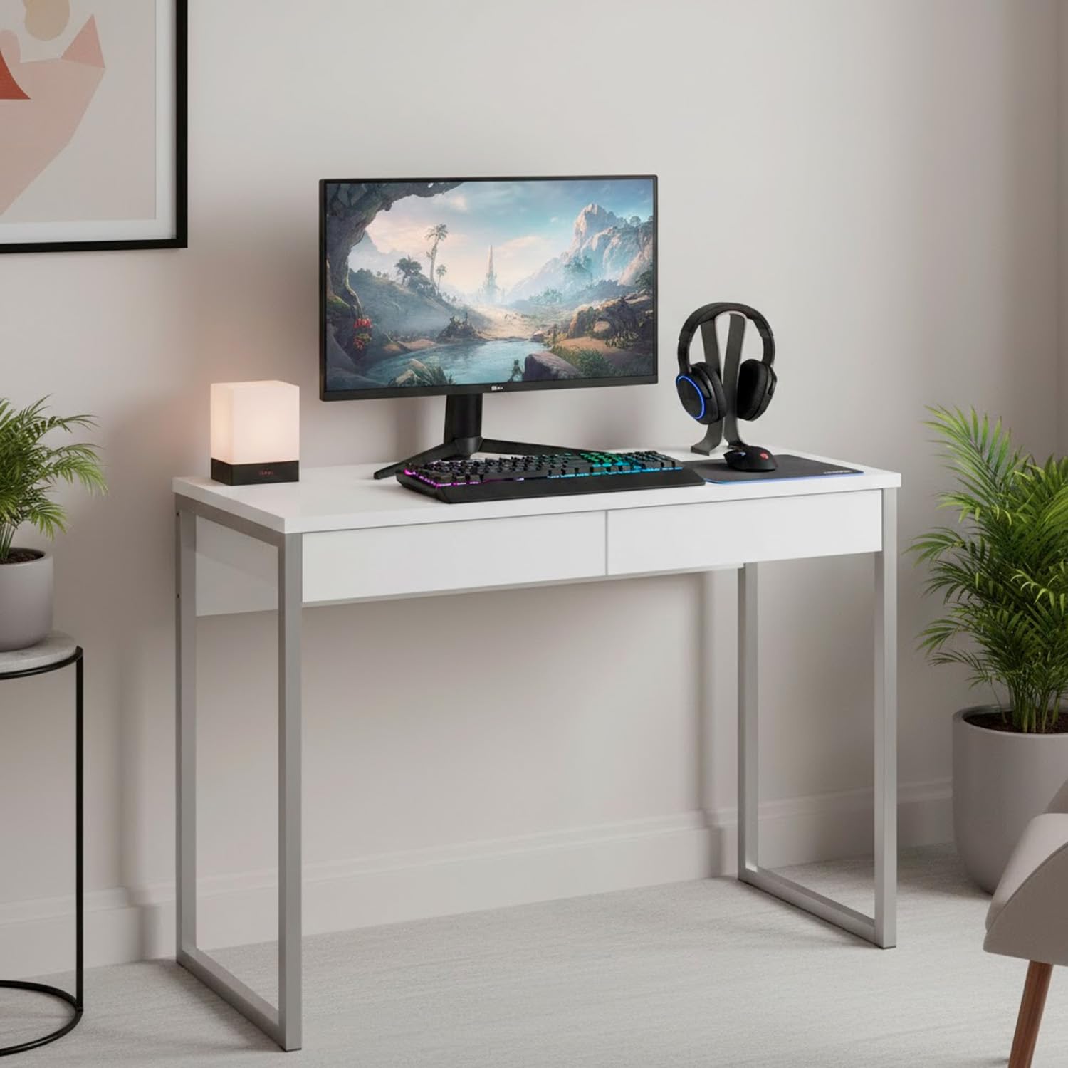 Arreditaly Scrivania Moderna Con 2 Cassetti Design Ribe Minimal Con Gambe In Acciaio Desk Salvaspazio Per Home Office Studio e Cameretta 101.6 × 40 × 76.5 cm Bianco Lucido