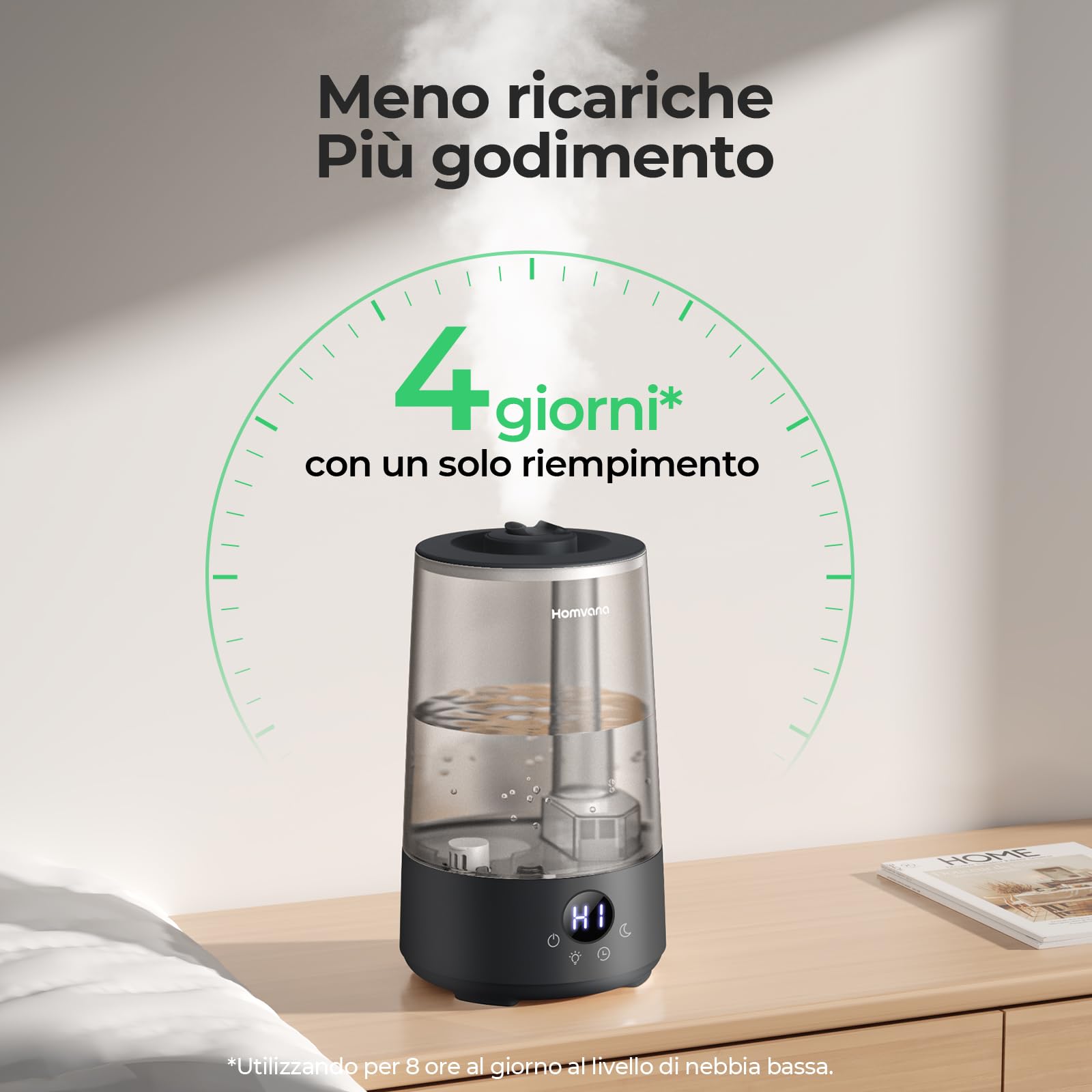 Homvana Umidificatore per camera da letto, 3,6 l, 360 gradi Celsius, 34 ore durevole, silenzioso, 16 dB (SilentSpary Tech), piccolo, umidificatore per piante