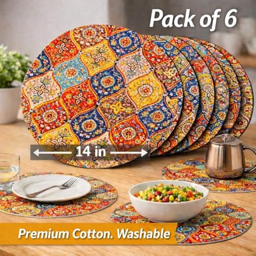 Image of Premium Round Cotton Dining Table Mats Set of 6 | Washable Heat Resistant Food Mat | Circular Dining Table Hot Plate Mats & Coaster for Hot Utensil (14-inch, Printed Mandala /Multicolour)