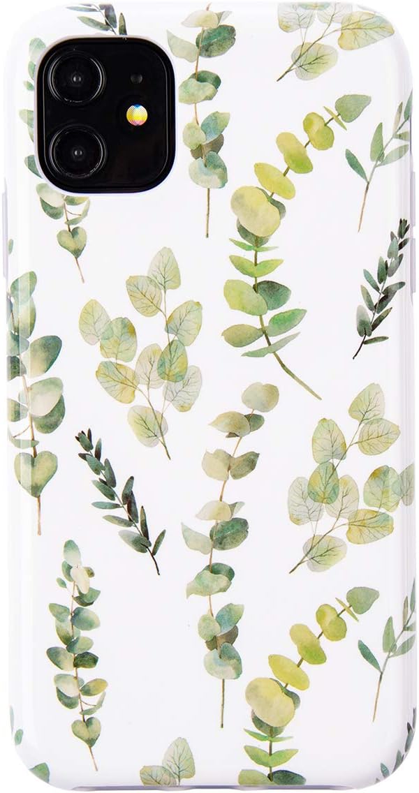 Dimaka iPhone 11 Case Cute Design Pattern Case for Girls Ultral Slim Thin Drop Proof White Cover Bumper (Green Leaf)