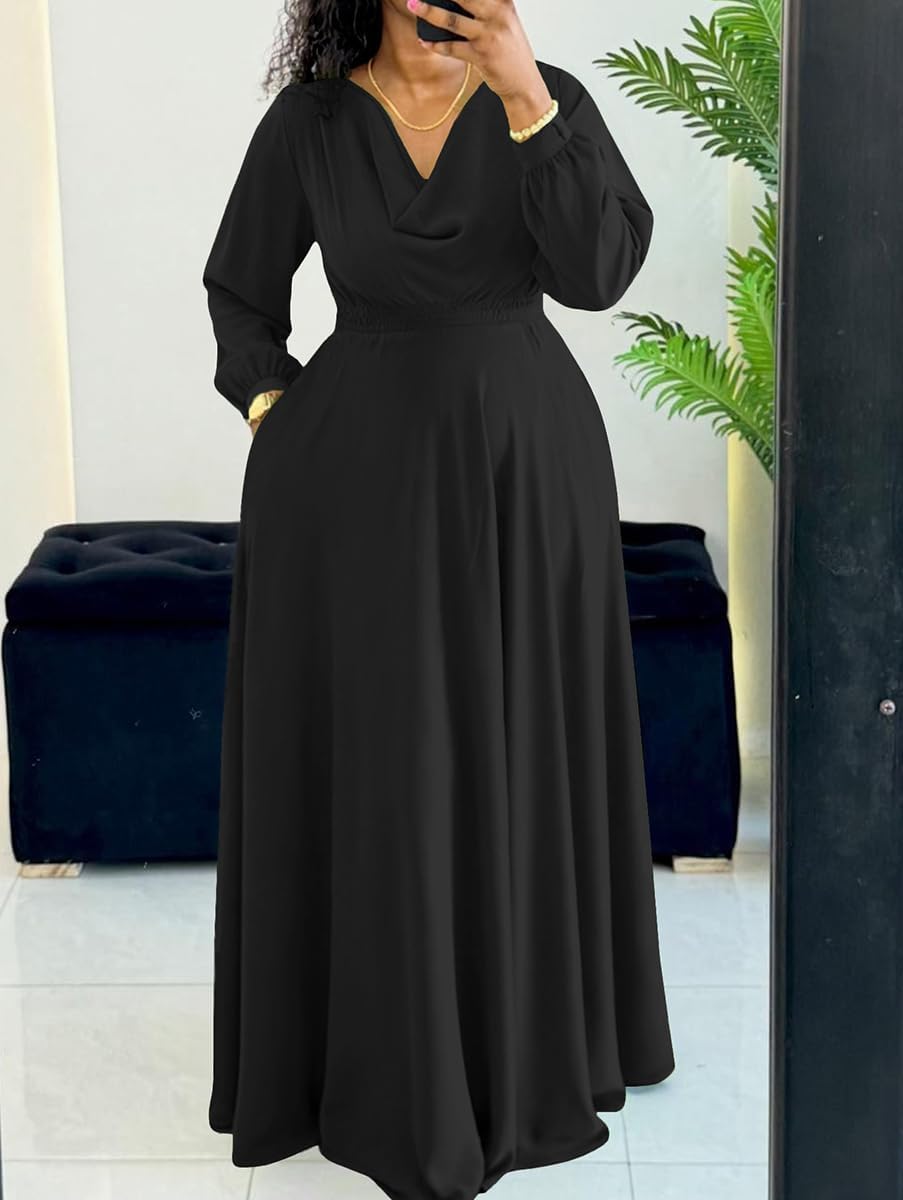Women's Elegant Long Sleeve Maxi Dress Cowl Neck Draped Collar Solid Flowy A Line Casual Party Dresses - Image 2