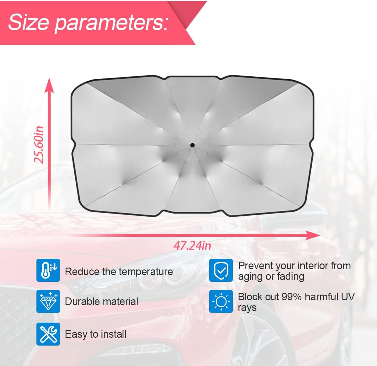 Car Windshield Sun Shade, 25"x 49" Foldable Umbrella Sunshade for Car Front Windshield UV Rays Sun Heat Reflector Universal for Most Cars, Vehicles, Keep Car Cool, Auto Interior Protection (Small)
