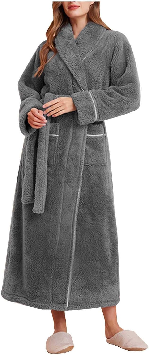 Full Long Robes for Men Women Thicken Fleece Sherpa Loungewear Open Front Bathrobe Warm Cozy Nightgown Winter Pajamas