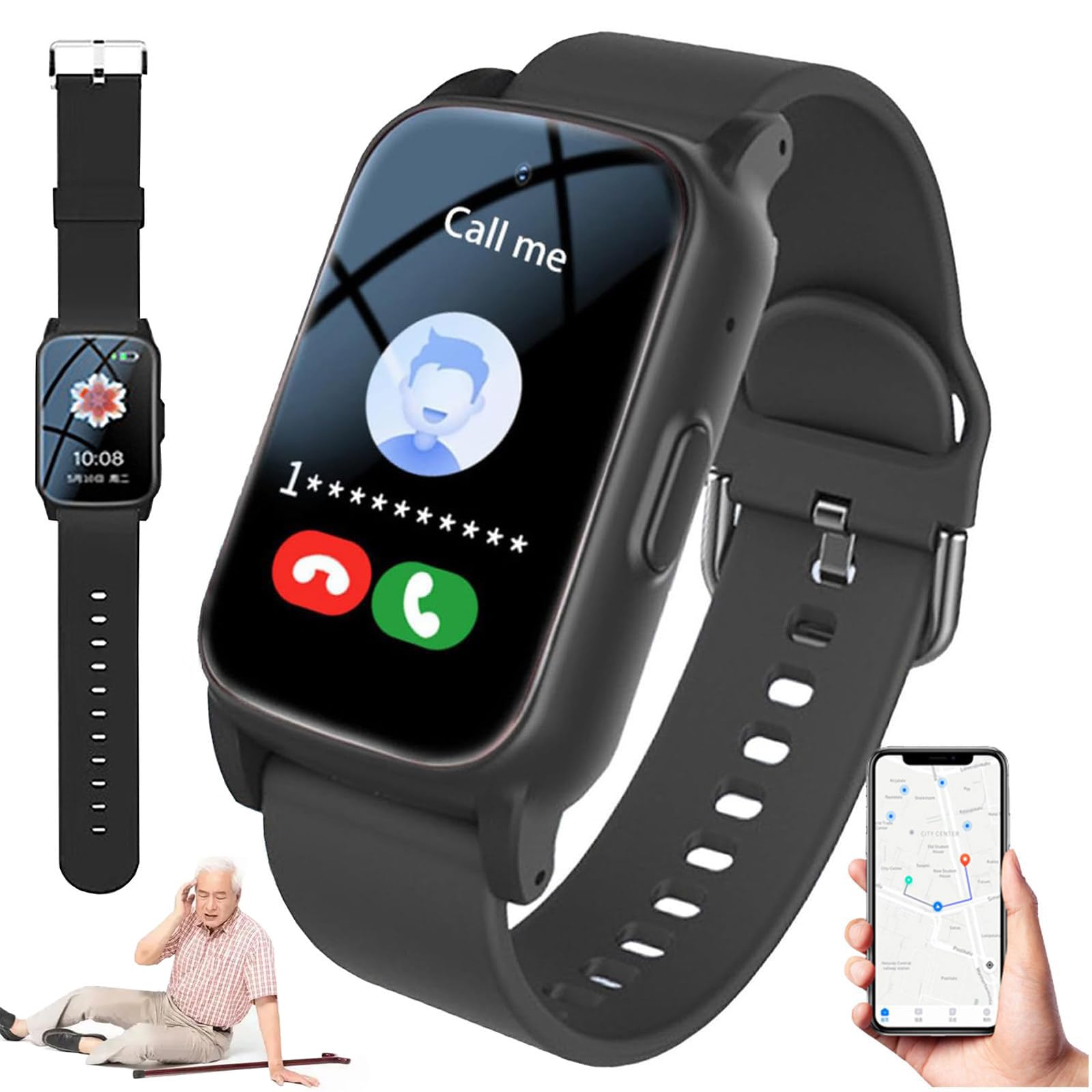 ZHZWwansuGE Smartwatch For Seniors, Fall Detection, SOS Emergency Alert, GPS Tracking, Supports HD Video Calls & Health Monitoring, Specially Designed For The Elderly Black