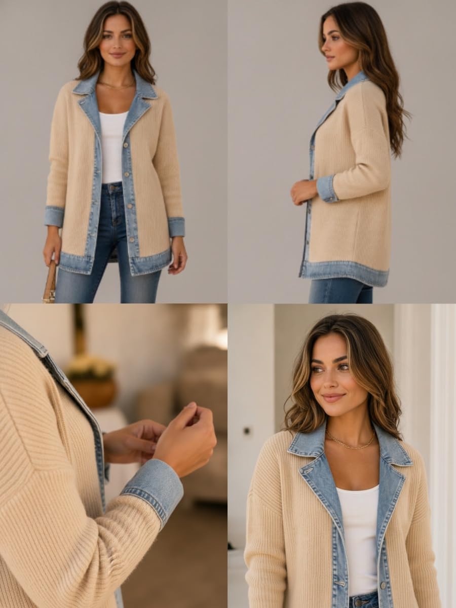 Cardigan da Donna in Denim Patchwork Colletto a Risvolto Mezza Stagione