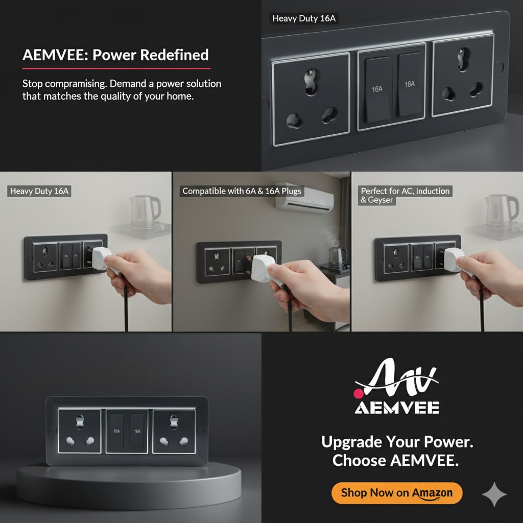 16 Amp Extension Cord - Heavy Duty 1.5 Sq.MM 2 Meter Wire (2200W), 16A Extension Board, Dual 16A/20A Multi Plug Socket with Two Switches(2200W), Ideal for Home Office Use, Board & Switches — Amazon image 8