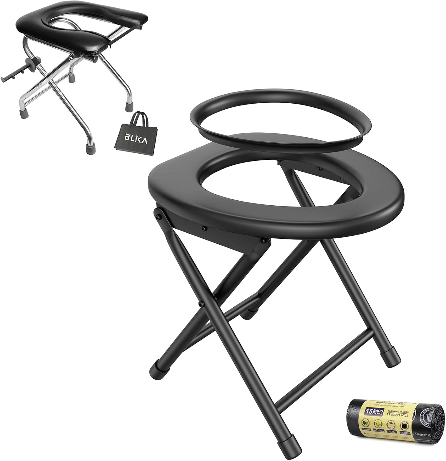 BLIKA Portable Toilet with Removable Plastic Ring and U Shaped 350 LBS Portable Toilet