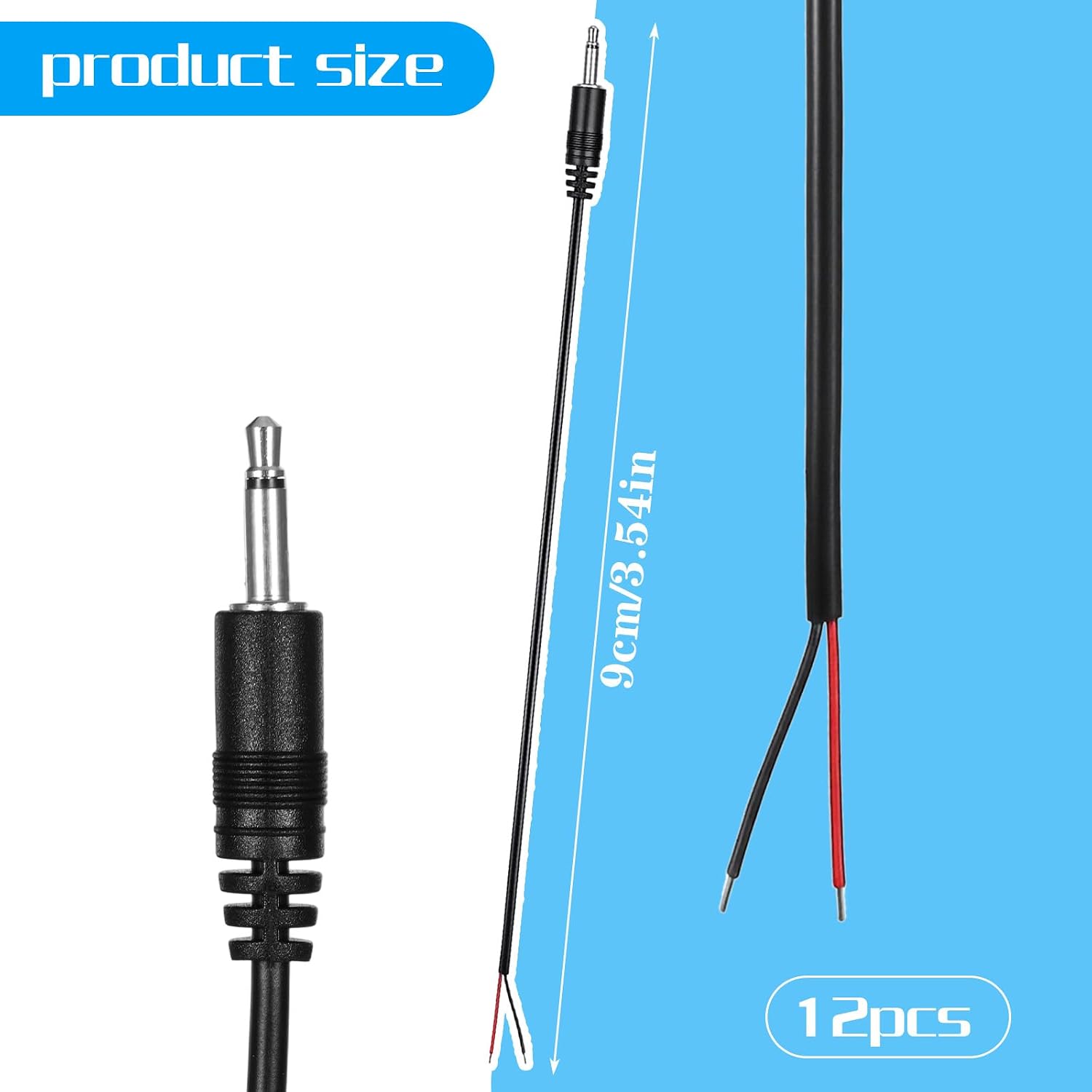 12 Pack 3.5mm Mono Cable, 3.5mm Ts Mono Male Plug to Bare Wire Open End Cable, Male Jack to Bare Wire Open End Ts 2 Pole Audio Connector for Speaker Repair Replacement DIY