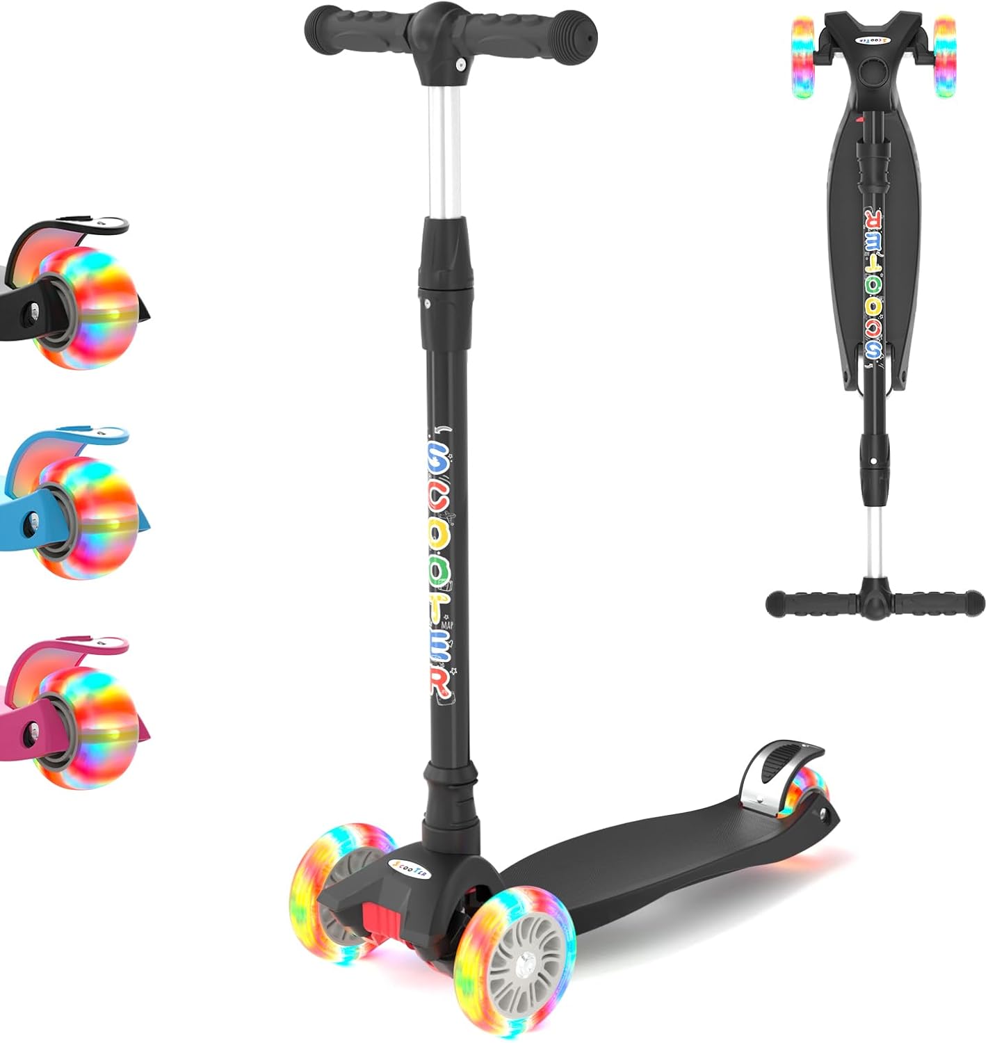 KORIMEFA black three-wheel kick scooter with flashing wheels and wide deck