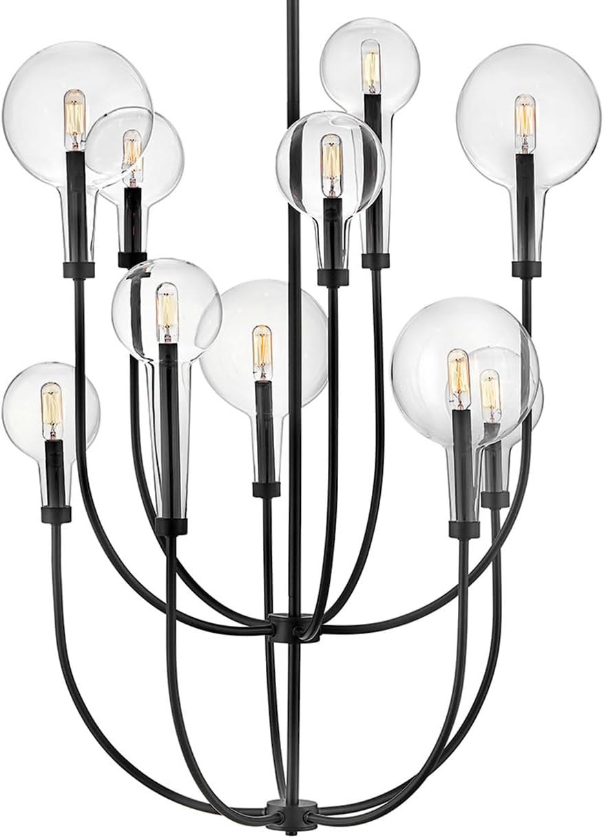 Hinkley Alchemy Ten Light Medium Indoor Chandelier, Different Sized Tapered Globes, Multi-Tier, Extended Candle Sleeve, T6 or T8 Bulbs Only, Black Finish w/Clear Glass