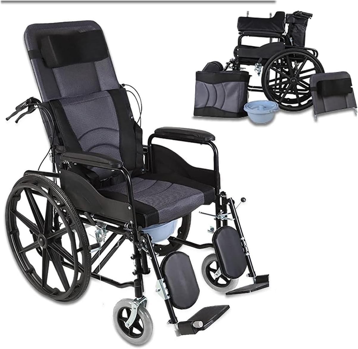 Silla de Ruedas Silla de Ruedas Plegable y Liviana Silla de Ruedas de Acero al Carbono Sillón reclinable Reposabrazos Desmontable Reposapiernas elevables y cinturón de Seguridad