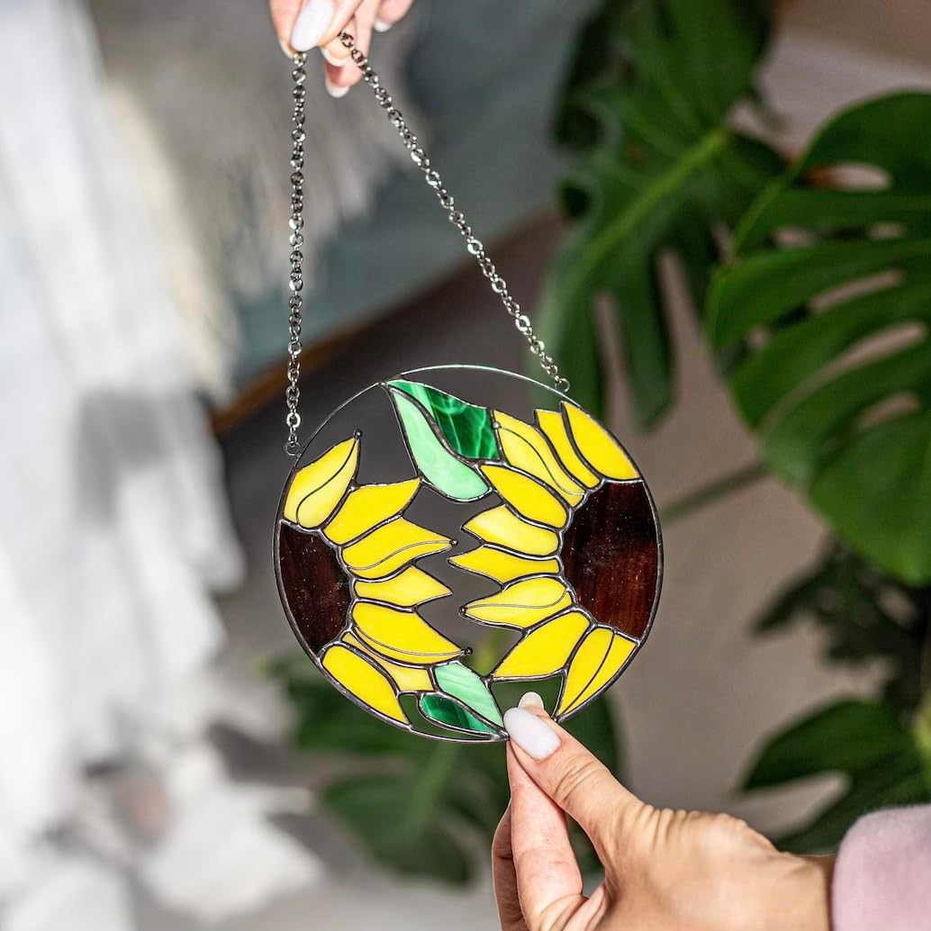 Window Hanging Sunflower Stained Glass Sun Catcher Garden Patio Decor. Home Decor Panel. Sunflower Sun Catcher. Real Glass Decor. Mother's day Gift. Glass Flower Picture. Indoor Outdoor Decor