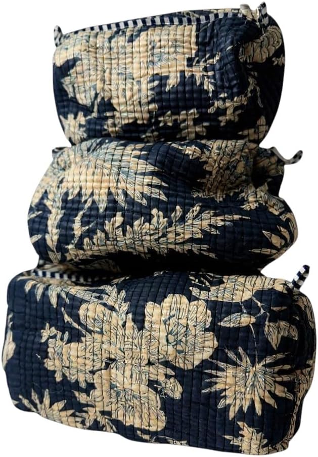 Cotton Hand Block Floral Print Toiletry Bag for Women, Makeup Cosmetic Organizer, Travel Accessories Set of 3 (S floral-black)