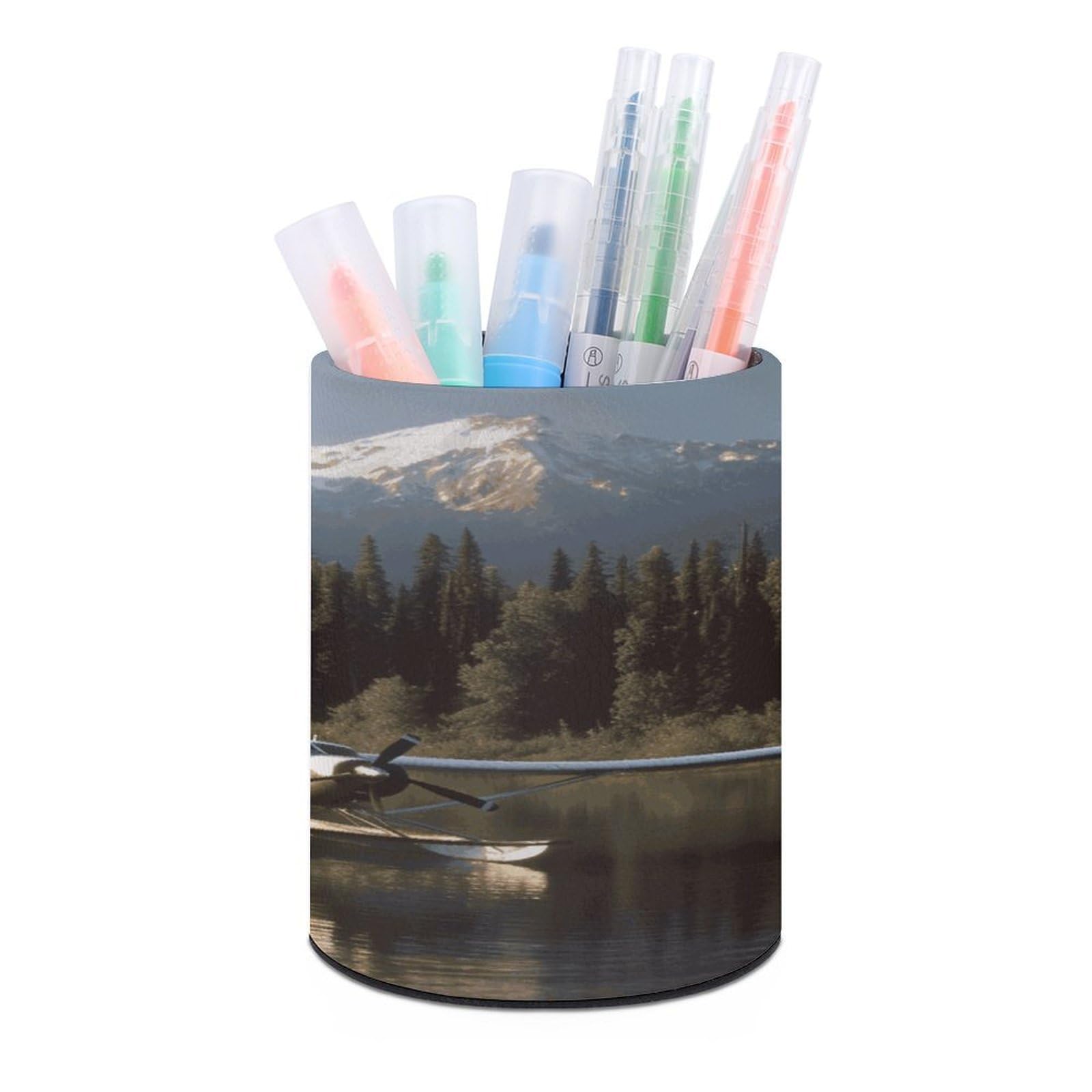 FekiLoot Airplane on Lake Pen Holder Cup Fashion PU Leather Pencil Cup Minimalist Pen Organizer Round Pencil Holder Stand Work Locker Accessories for Decoration Desk Office Home