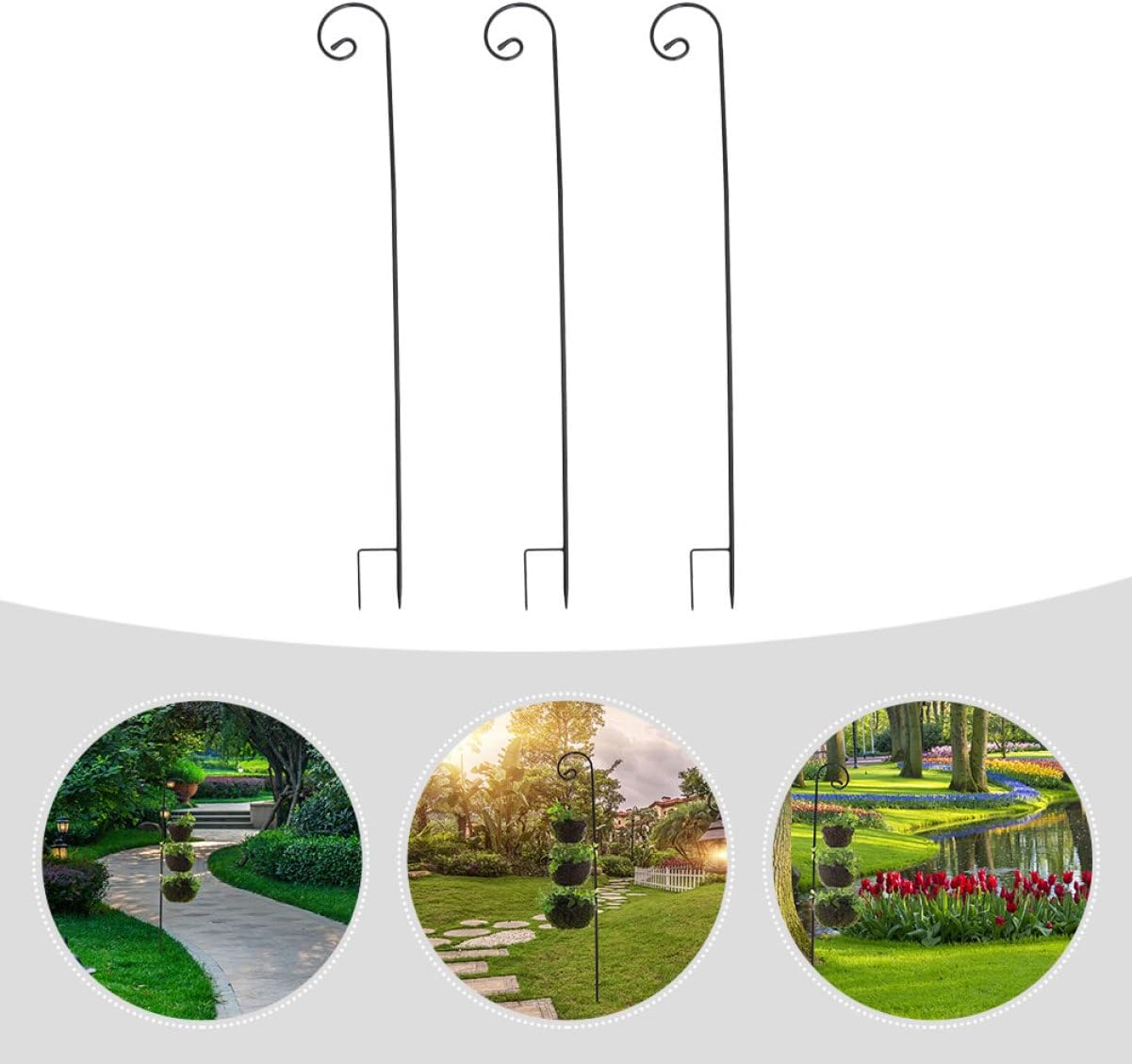 Garneck 3pcs Heavy-Duty Iron Ground Hooks for Bird Feeders and Garden Decor Shepherd Hook for Outdoor Hanging Lanterns and Wind Chimes Rustproof Black Finish