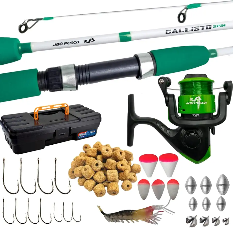 Jaú Pesca Kit Vara Callisto Spin 2 Partes com Molinete JP250, Maleta e Acessórios para Pesca, 10-20 lbs