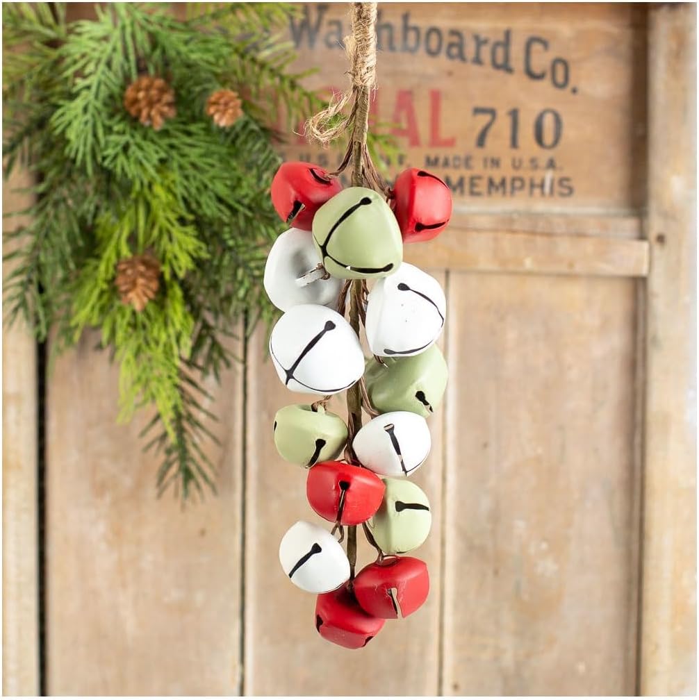 Set of 2 Red Green and White Bell Door Hangers by Factory Direct Craft - Hanging Bells for Rustic Christmas Decorating and Farmhouse Decor - 10-1/2 Inches Long