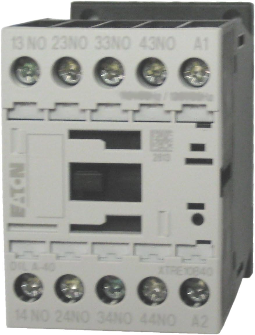 Eaton/ Moeller DILA-40 4 pole control relay with a 24 volt AC coil. Comes with 4 N.O. base contacts, rated for 16 AMPS and mounts on standard 35mm DIN rail