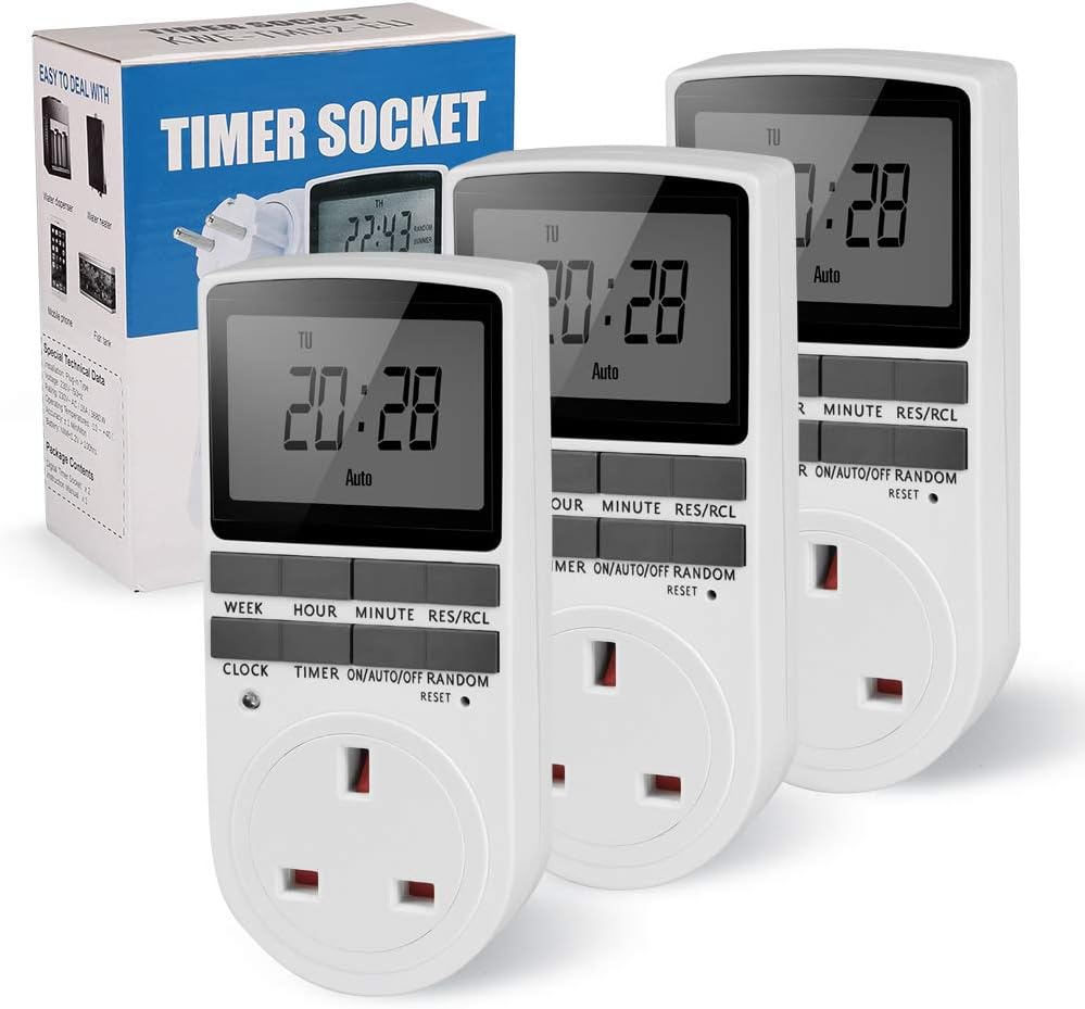Sworway Set of 3 Digital Timer Plug Socket, Electrical Programmable Plug in Timer Switch for Light, with Large LCD Display, Anti-Theft Random Mode for Home Electrical Appliances, UK Plug