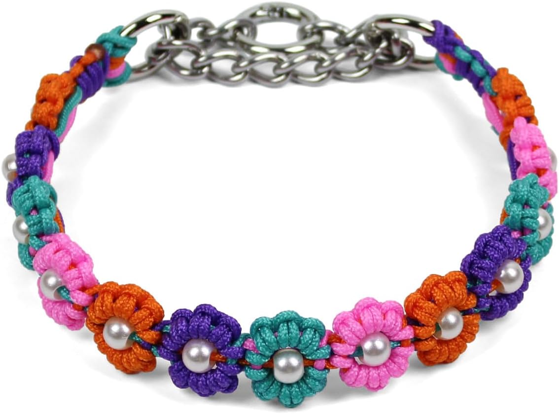 Cute Handmade Paracord Dog Collar Necklace – Unique Hand-Braided Colorful Flower Design Pet Accessory for Medium Dogs Fit 12-16" Neck Size M