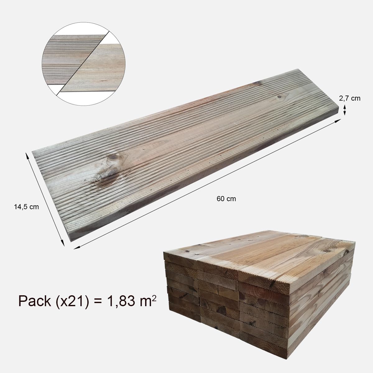 21er Set Terrassendielen 60cm (1,83m²) 27x145mm KDI Geriffelt-Glatt