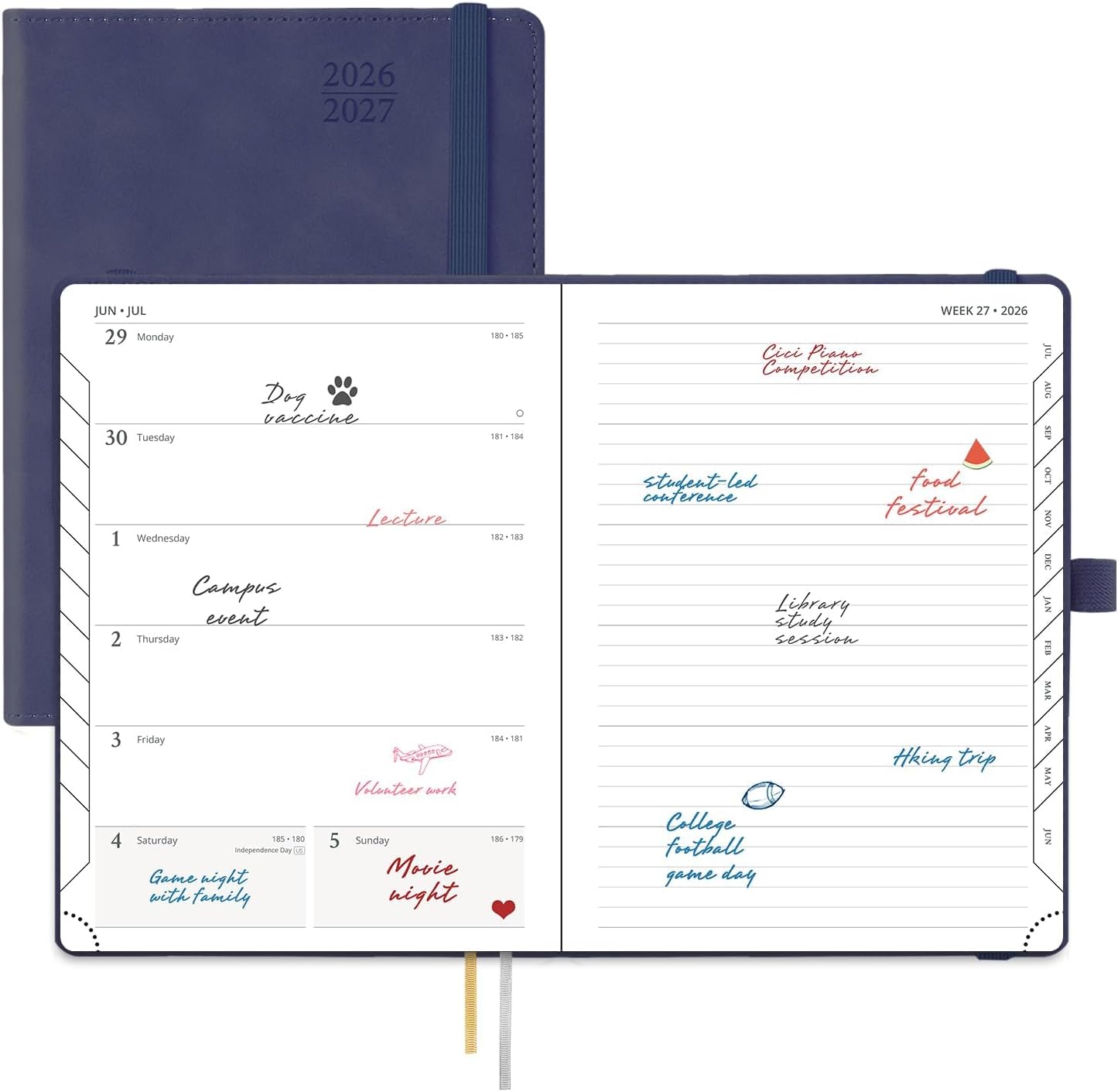 POPRUN Weekly Planner 2026-2027 (Medium 6.5''x 8.5'') Academic Calendar (JUL.26 - JUN.27) Appointment Book with Monthly Tabs, Leather Soft Cover, Inner Pocket, 100 GSM - Navy Blue